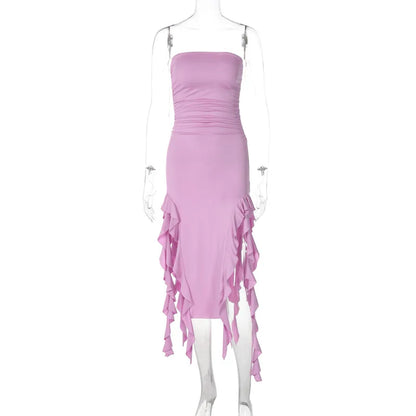 WonMiracle Elegant Strapless Dress Women Irregular Tassel 2024 Summer Trend Skinny Split Maxi Bodycon Party Dress For Women Lavender