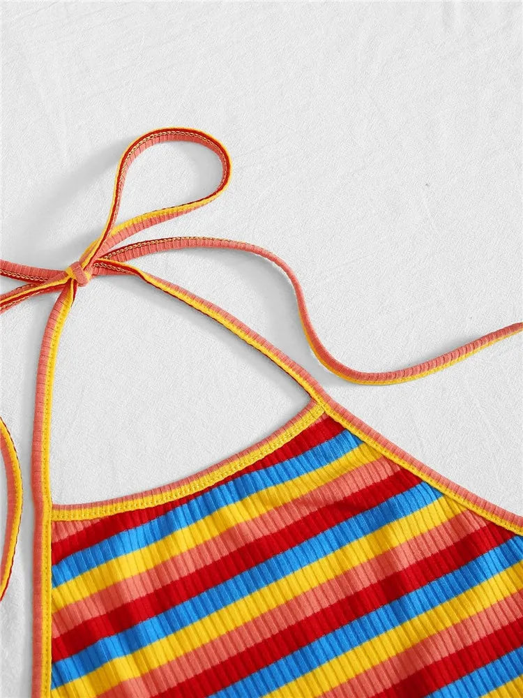 Rainbow Rib-knit Striped Halter Top Women Summer Y2K Clothes Sexy Korean Fashion Backless Sleeveless Crop Top Streetwear 2023