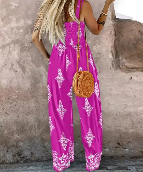 2025 Summer Female Jumpsuits with Pockets Fashion Printing Wide Legs High Waist Women's Rompers Sleeveless Strap Pants Trousers Badiee Stylez