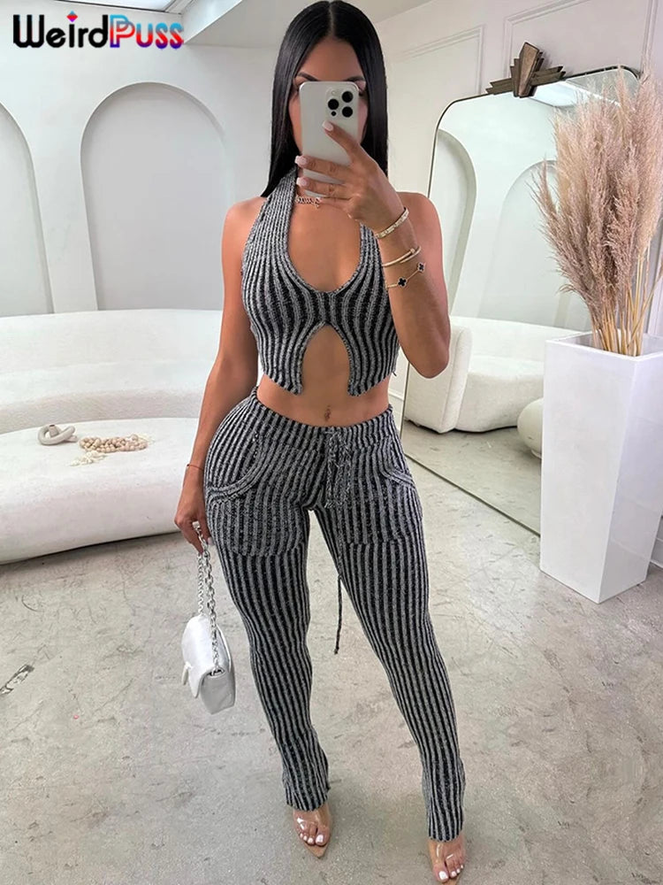 Weird Puss Patchwork Striped Women Casual 2 Piece Set Crochet Halter Low-Neck Vest+Pocket Pants Stretch Skinny Matching Suit Badiee Stylez