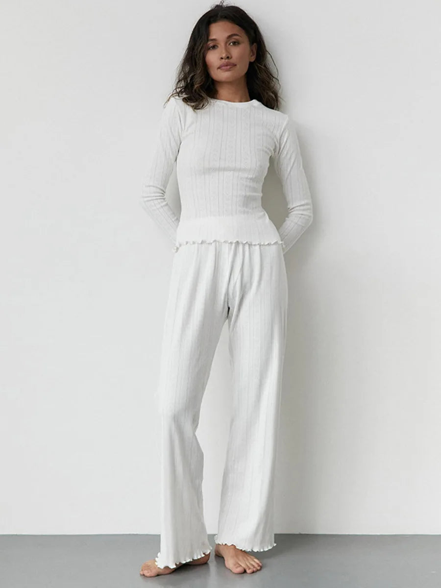 Mozuleva Love Jacquard Long Sleeved Pajamas Set Women's Spring Knitted Cardigan Pants Pajamas Comfortable Women Home Clothes White