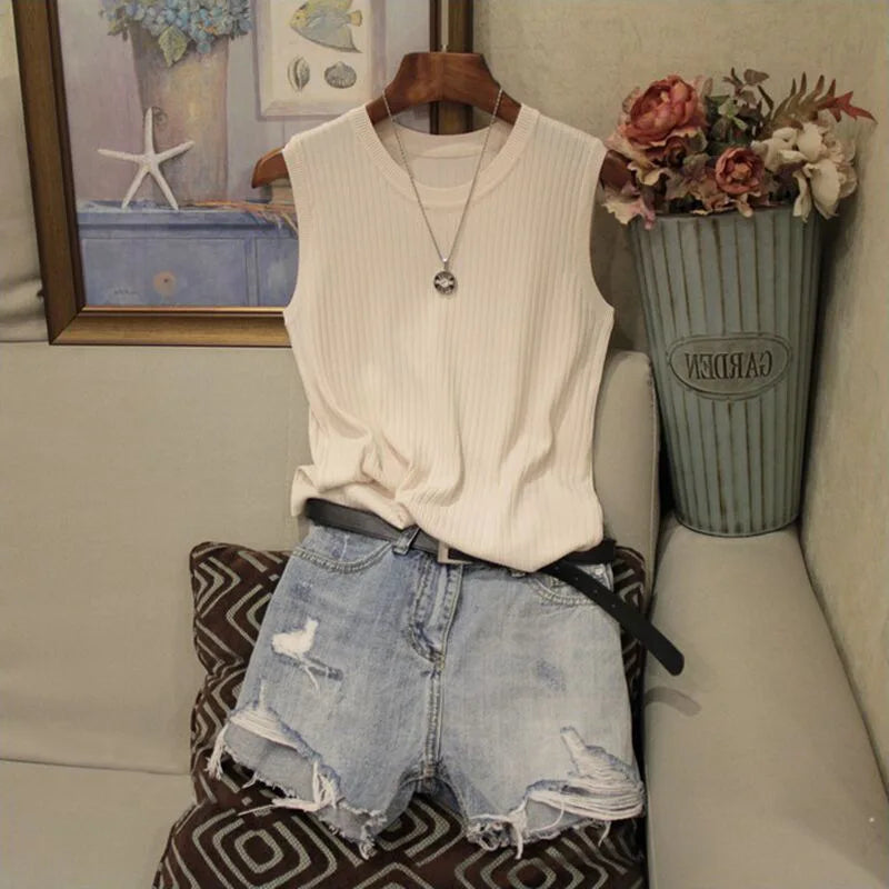 Summer Women Knitted Loose Sweater Vests Sexy O-Neck Sleeveless Knitwear Tank Tops YRFZ-N6634