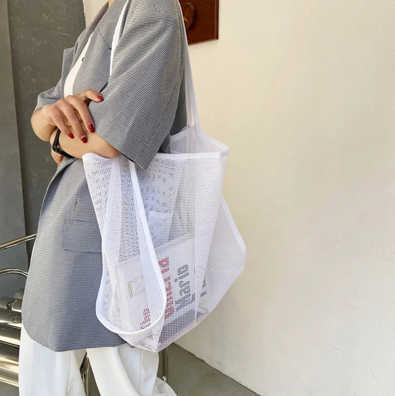 Summer Fashion Mesh Handbag Totes Hollow Out Shoulder Bags For Women Female Casual Fashion Large Capacity Shopping Pack