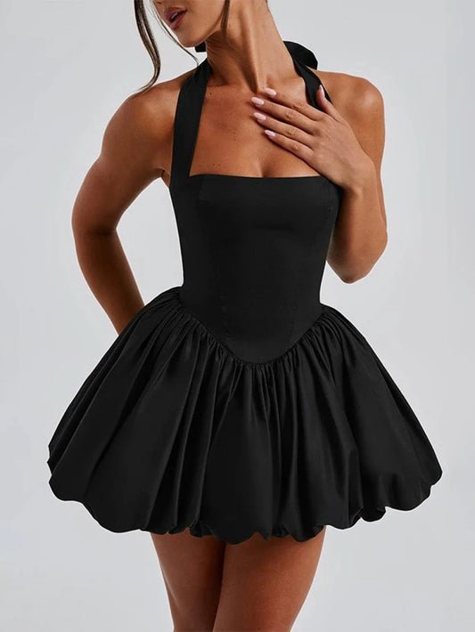 Summer new European and American spicy girl style sexy waist cinching slimming puffy skirt hanging neck tie solid color dress