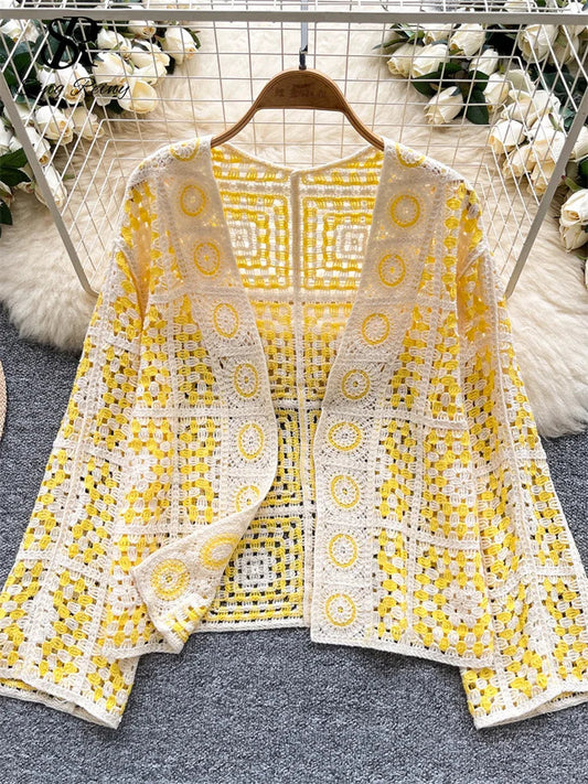 SINGREINY Vintage Boho Loose Plaid Cardigans Female Long Sleeves Hook Flower Hollow Tops 2025 Vacation Sunscreen Casual Shirt Badiee Stylez