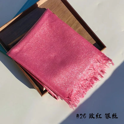 Lastest Brand Design Scarf Shiny Solid Color Shawls Rayon Fabric Gold Silk Silver Wire Head Shawl Fringe Hijab For Women 26