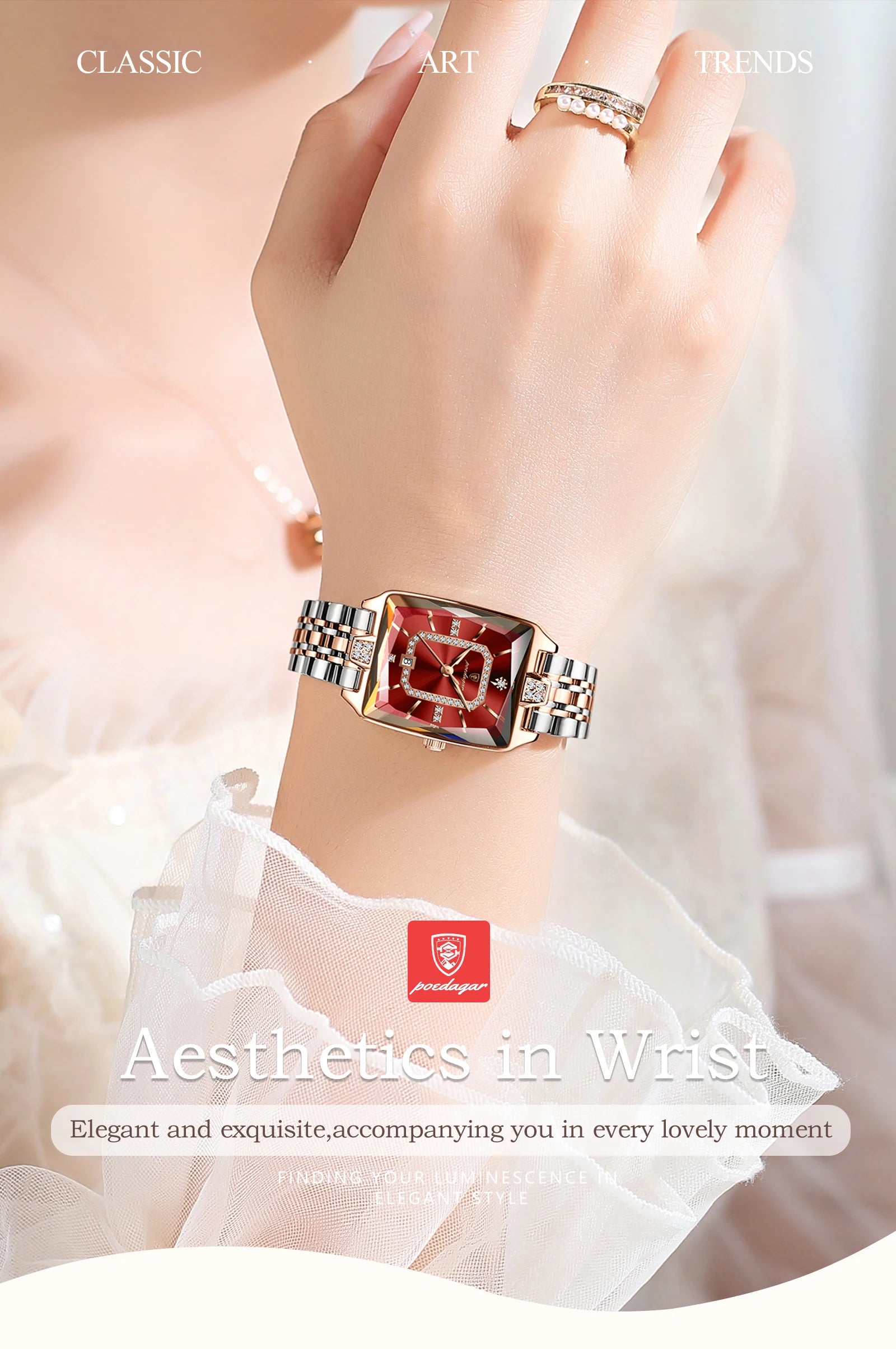 POEDAGAR Luxury Watch For Woman Elegant Waterproof Calendar Ladies Watch Rectangle Stainless Steel Quartz Women's Watches Female