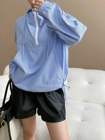Plaid Shirt Women Fall Japanese Blue Striped Hooded Overshirt Y2K Casual Long Sleeve Pullover Blouse Loose Fit Streetwear Coat