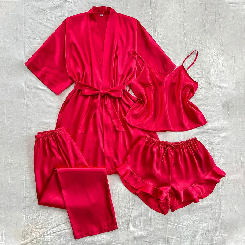 Spring Summer New Women Pajama Four Piece Suit Sleepwear Silky Satin Kimono Bathrobe Trouser Suits Loose Home Clothes Loungewear Burgundy Robe Set A