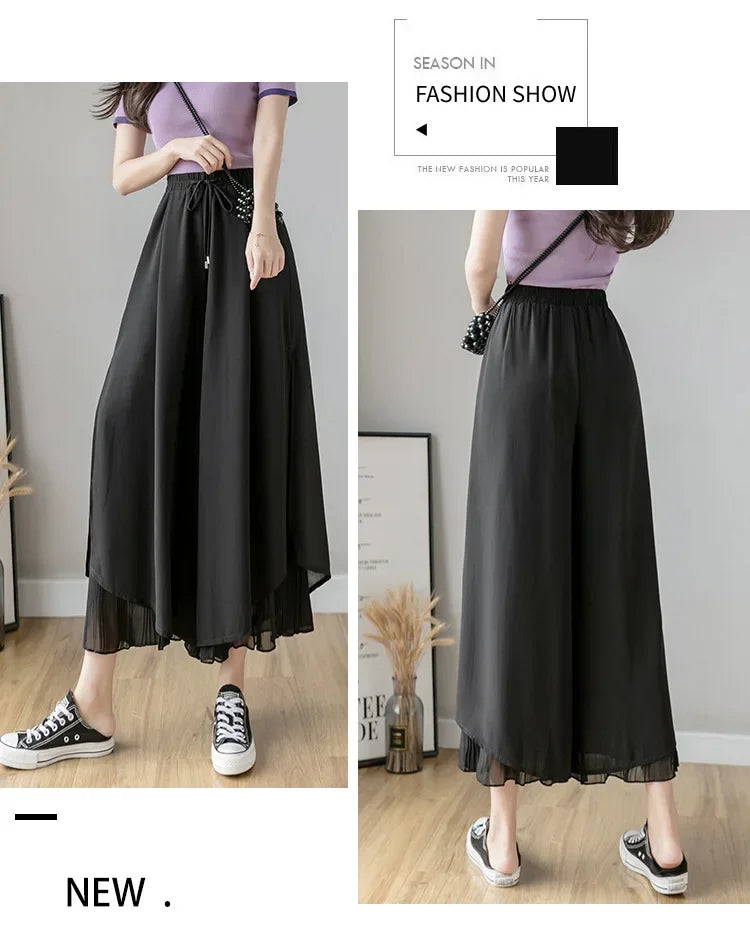 Women Pants Culottes Elastic Wide Leg Irregular Hem Double Layers Korean Trousers Summer Casual Loose Pleated Pants