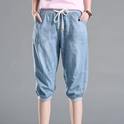 Summer Styles Loose Jeans For Women Calf-Length Harem Pants Elastic High Waist Thin Pants Fashion Jeans 4XL Light blue