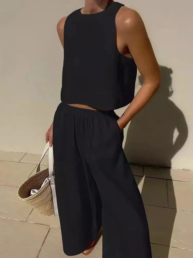 Women's Solid Color Casual Sleeveless Shirt And Pants Two Piece Summer Loose Simple Wide Leg Pants Vest Female 2025