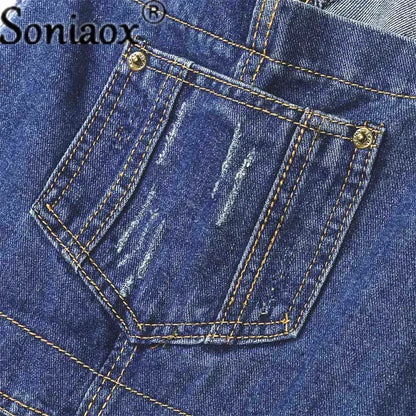 Casual Streetwear Hole Denim Jumpsuits Women 2024 Loose Suspenders Pocket Long Pants Waistline Straight Jeans Rompers
