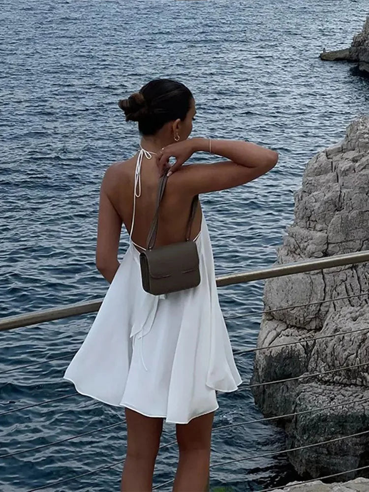 Women Sexy Halter Layered Ruffles Mini Dress Fashion Off Shoulder Backless A Line Vestidos Spring Summer Chic Lady Short Dresses