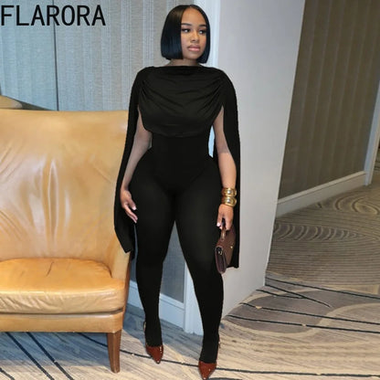 FLARORA Elegant Solid Color Ruched Jumpsuit Woman Bandage Patchwork Sleeveless Bodycon Jumpsuits Evening Party One Piece Overall Badiee Stylez
