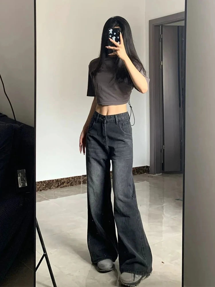 Korean Vintage High Waist Women's Jeans Y2K Slimming Pear-Shaped Loose Straight Bell Bottoms Black Gray Baggy Denim Trousers - Badiee Stylez