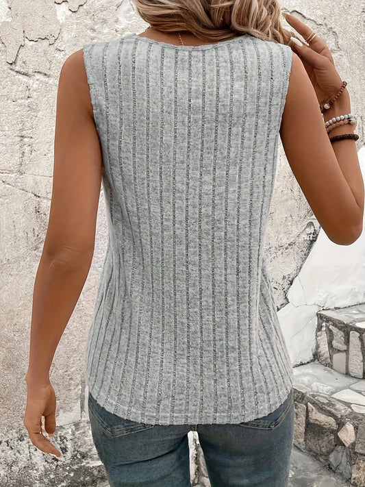 New Elegant Summer Women's Solid Vest Casual Office Lady V-neck Tank Top Soft Knit Fabric Ribbed Stripe Vacation Female Camisole
