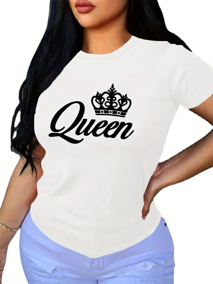 Short Sleeve Crown Letter Print Crew Neck T-Shirt for Spring & Summer Casual Women's Clothing DM1368B-white