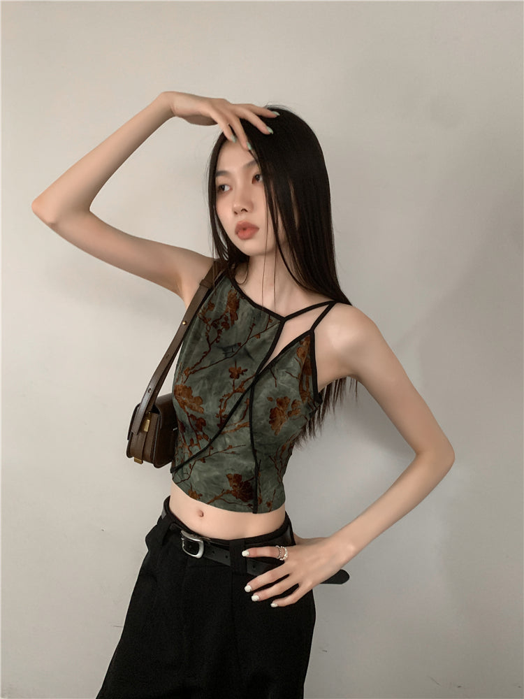 CHEERART Flocking Floral Vintage Crop Cami Top For Women 2024 Sleeveless Flower Green Tops Designer Clothes Luxury