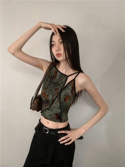 CHEERART Flocking Floral Vintage Crop Cami Top For Women 2024 Sleeveless Flower Green Tops Designer Clothes Luxury