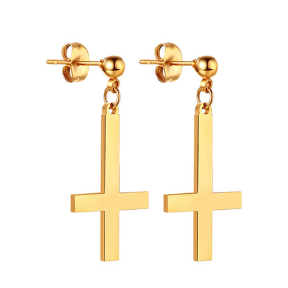 BONISKISS Men Women Stainless Steel Inverted Upside Down Cross Earring Church of Satan Temple Occult Satanic Witchy Stud Jewelry Cross Studs Golden
