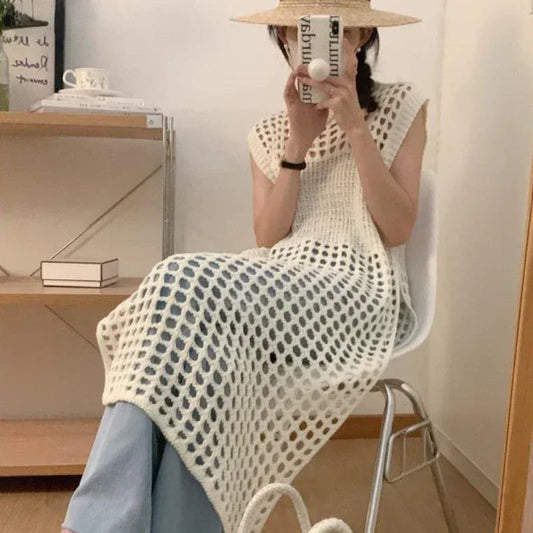 TKNOLEGE Knitted Dress Hollow French Style Fashion O-neck Out Design Sleeveless Solid Casual Tender Holiday Chic Ladies Dress ﻿
