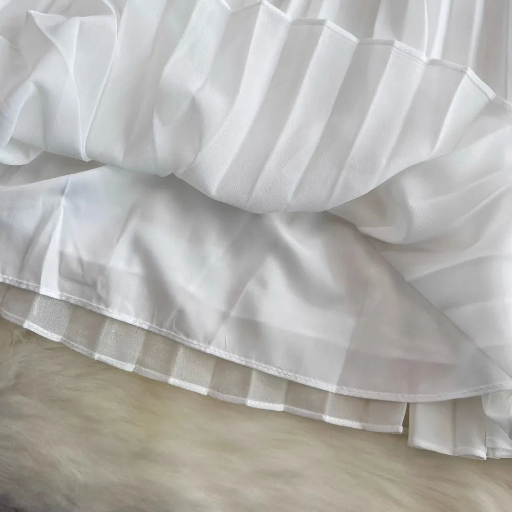 Summer Elegant Crochet Lace Patchwork Chiffon Pleated Dress Women's Short Sleeve Hollow Out Flower Buttons Belt Runway Vestidos