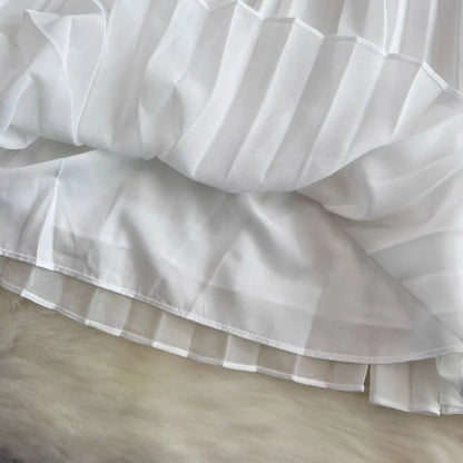 Summer Elegant Crochet Lace Patchwork Chiffon Pleated Dress Women's Short Sleeve Hollow Out Flower Buttons Belt Runway Vestidos