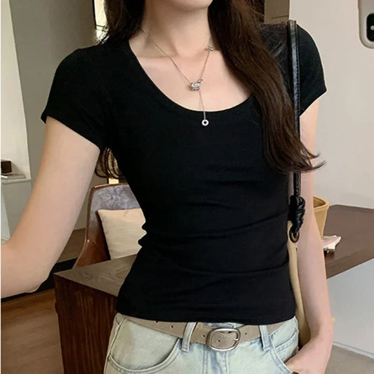 Femme 2025 Summer Casual Cotton T Shirt For Women Short Sleeve Tshirts Fashion Womens Clothing Slim Basic O Neck Y2K Tee Shirt black