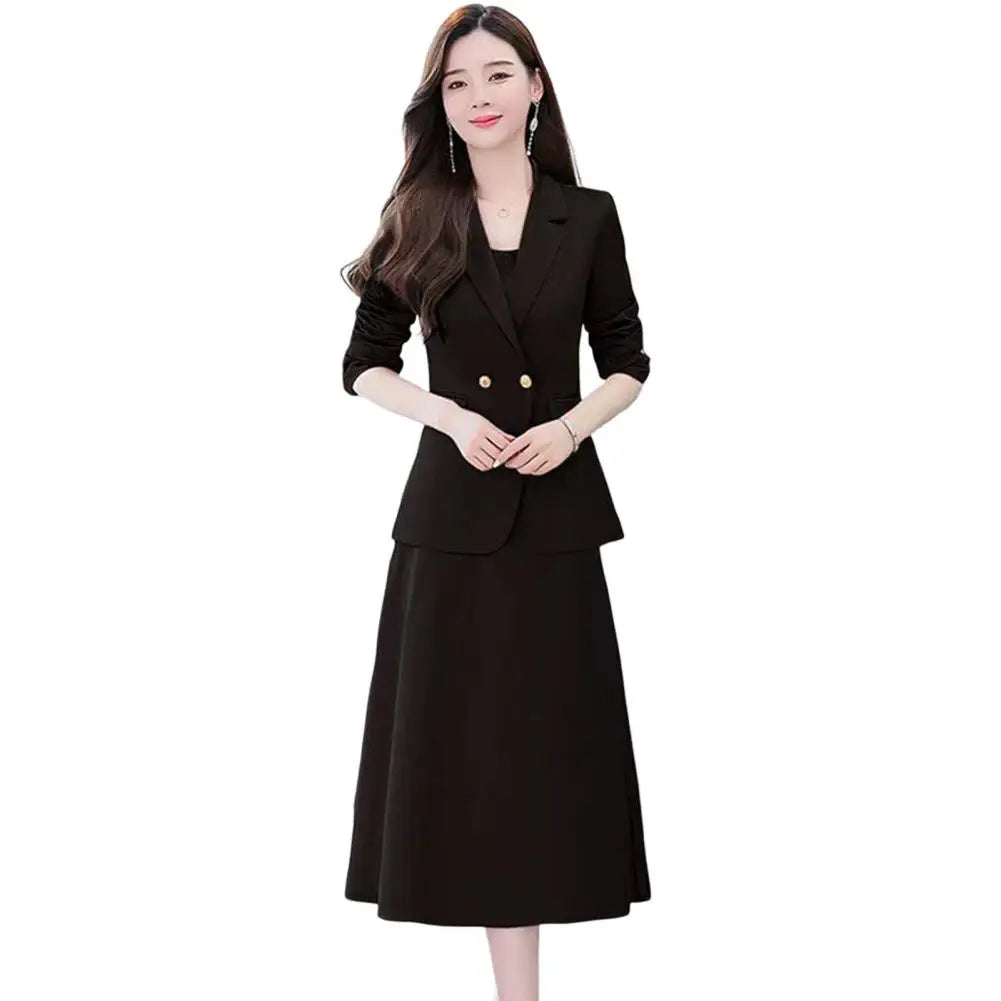 2Pcs/Set Summer Women Suit Dress Outfit Solid Color Mid-length Lady Dress Sets Light Luxury Commute Sling Dress Coat Set Black