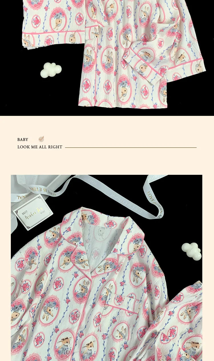 Spring and Autumn Women's New Cloud Cotton Pajamas Homewear Set Students Sweet Printing Long Sleeves Long Pants Pajamas Homewear