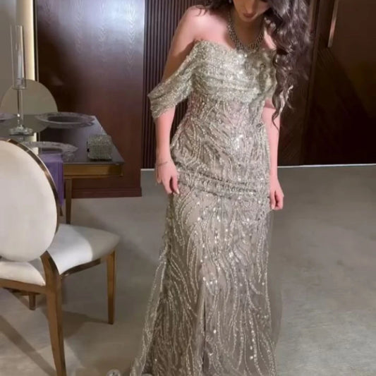 Customized Intricate Pleat Pattern Beading Trumpet Off-the-shoulder Long Dresses Bespoke Occasion Dresses Sizes Available Badiee Stylez