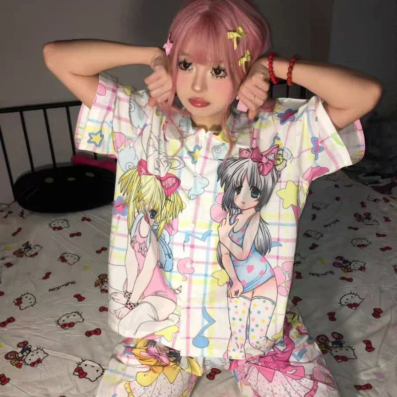 Pajamas Clothes Set Two Piece Set Women's Clothing Homewear Spring Summer Japanese Cartoon Comfort Casual Fashion Breathable Fit Badiee Stylez
