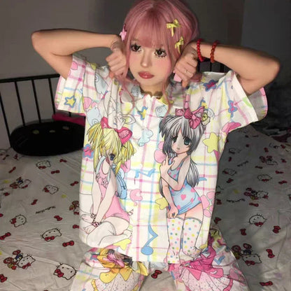 Pajamas Clothes Set Two Piece Set Women's Clothing Homewear Spring Summer Japanese Cartoon Comfort Casual Fashion Breathable Fit Badiee Stylez