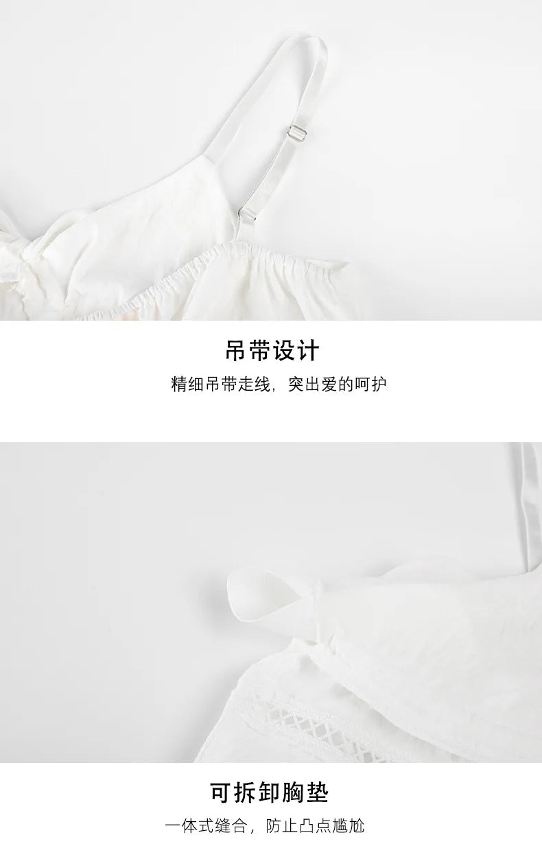 Women's Sexy Pajamas Set V-Neck Strap Suit Elegant Minimalist Faux Cotton Bow Sleeveless Top Long Pants Sleepwear Bra Pads