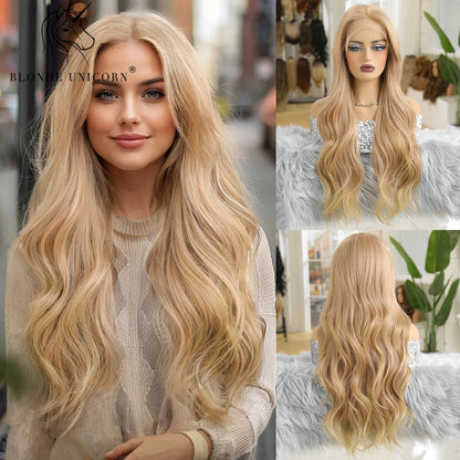 13x6 Lace Front Wig Blonde Wave Synthetic Wigs for Women Daily Party Cosplay Use Heat Resistant Fiber Hair SWLF8002-3BL28 1 1pc 150%|CHINA|26inches