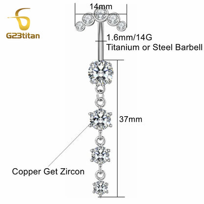 G23titan Long Zircon Pendant Dangle Belly Button Ring Surgical Titanium Navel Piercing Curved Barbell Anti allergic Body Jewelry Badiee Stylez