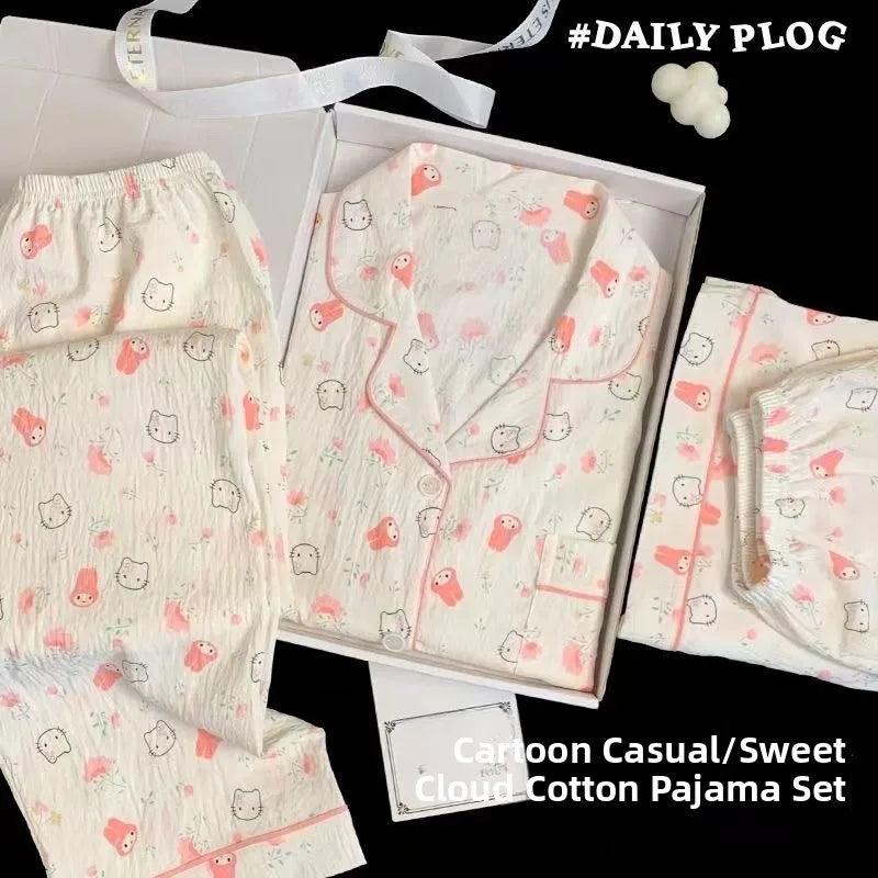 Summer Cloud Cotton Spwear Set Women's ort Sve Long Pants Home Clothes Cartoon Print Comfortable Breathable Nightgown Cz three-piece setPink kitten