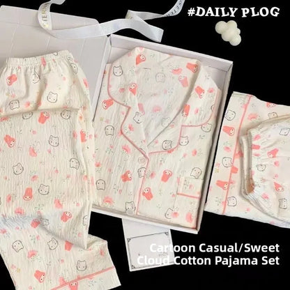 Summer Cloud Cotton Spwear Set Women's ort Sve Long Pants Home Clothes Cartoon Print Comfortable Breathable Nightgown Cz three-piece setPink kitten