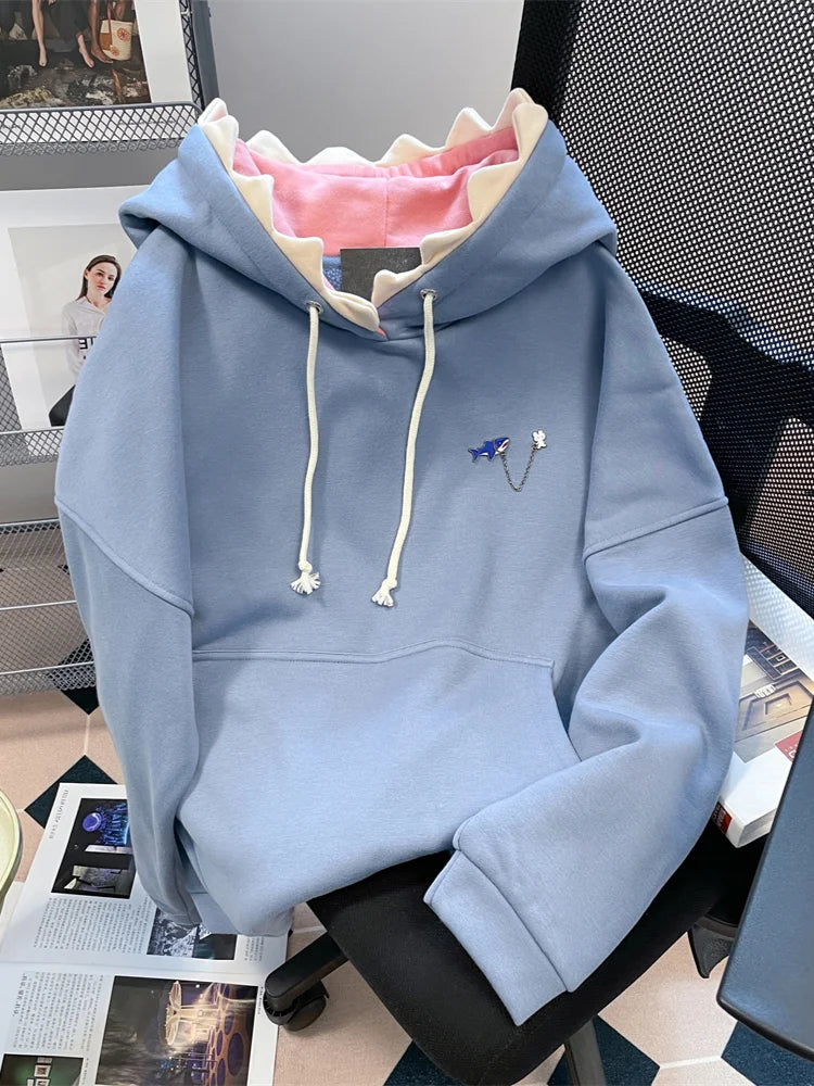 Hikigawa Chic Fashion Women Shark Hooded Sweatshirts Outerwear Autumn New Vintage Casual All Match Hoodies Coats Tosp Mujer