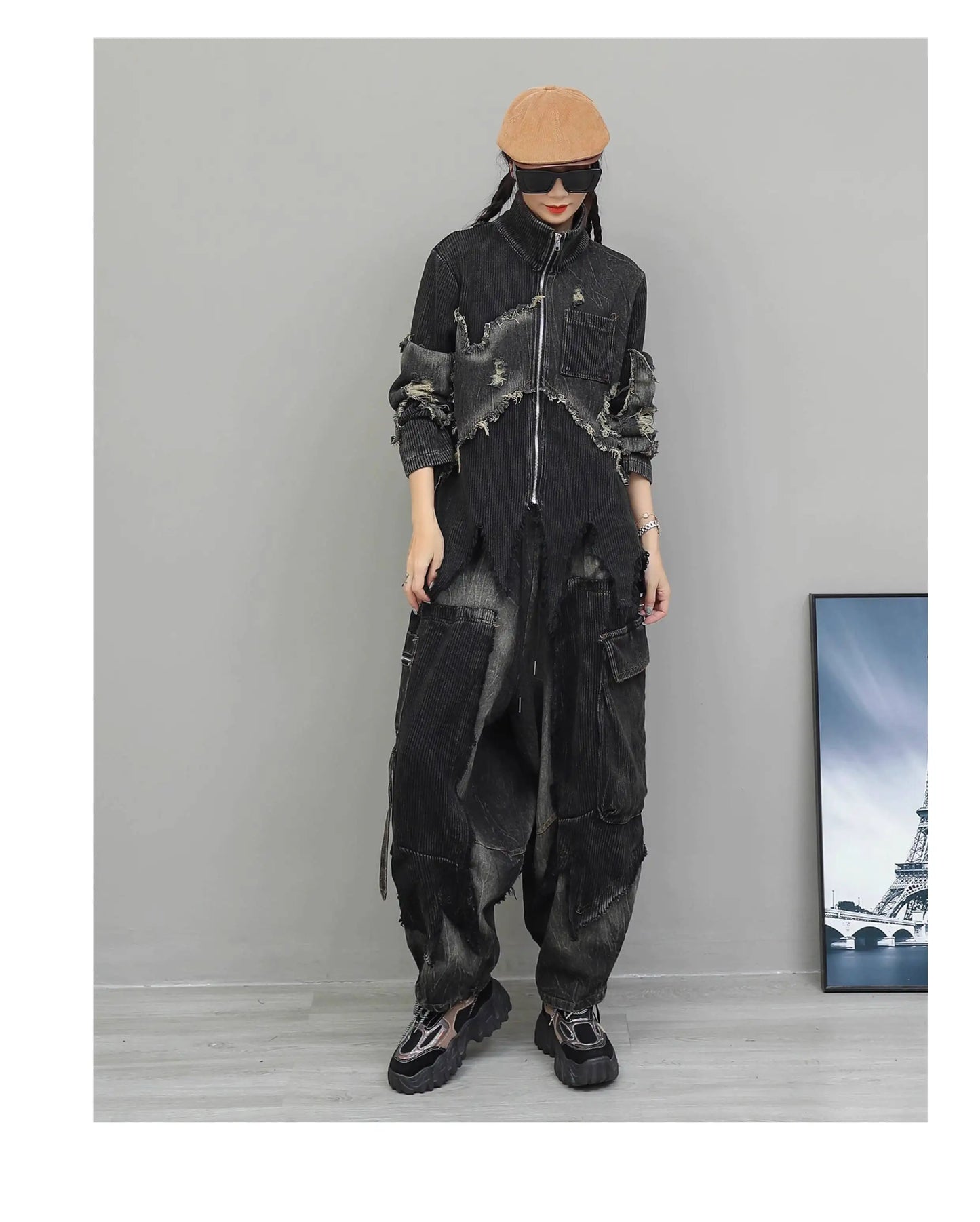 Trendy Cool Pant Set Women Autumn Vintage Denim Patchwork Long Sleeve Irregular Jacket + Harem Pants Two-Piece Set LX4331 Badiee Stylez