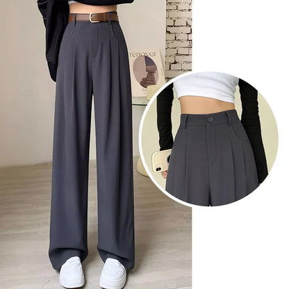 Women Fashion Suit Pants Lady Breathable Baggy High Waist Wide Leg Summer Trousers Lady Straight Leg Black Coffee Classic Pants Badiee Stylez