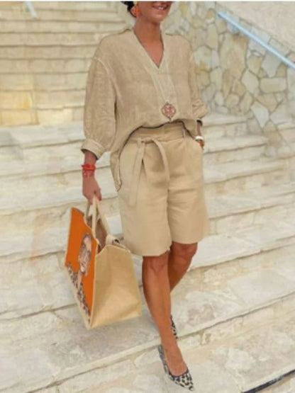 2024 Summer Fashion New Matching Collection Loose and Elegant V-neck Short Sleeve Cotton Linen Top Wide Leg Shorts Two Piece Set Khaki