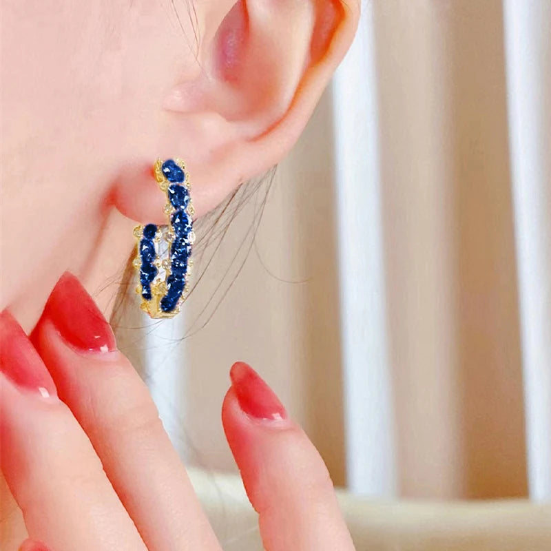 Huitan Luxury Trendy Pink/Green/Blue/Yellow CZ Hoop Earrings for Women Silver Color/Gold Color Hot Trendy Girls Jewelry Dropship