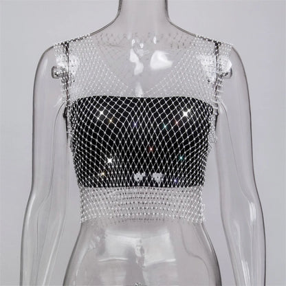 Sexy Diamonds Mesh Cropped Tank Top Women Summer Cover Up Bikini See Through Rhinestone Net Party Club Crop Top Dropshipping