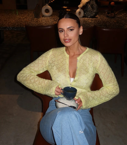 Tossy Summer Knitwear Hollow Out Cardigan Female Long Sleeve Casual Cropped Top Patchwork See-Through Knit Cardigan Outwear 2025