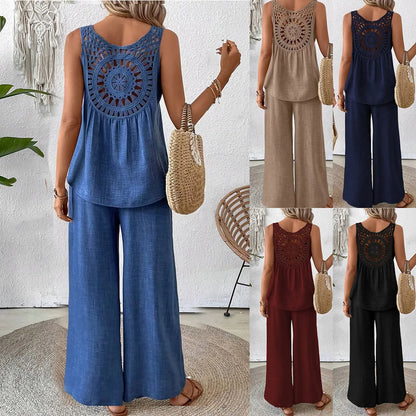 Hollow Out 2 Piece Sets Women Lace Sleeveless Top Wide Leg Pants Set Solid Color New Matching Sets 2 Piece Sets Women New 2024