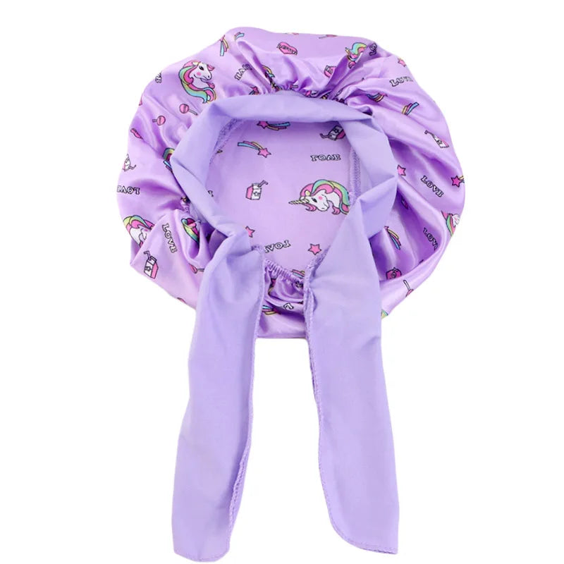 New Kids Unicorn Satin Bonnet Wide Elastic Band Ribbon Sleeping Cap Curly Natural Hair Child Night Caps Shower Cap Headscarf Badiee Stylez