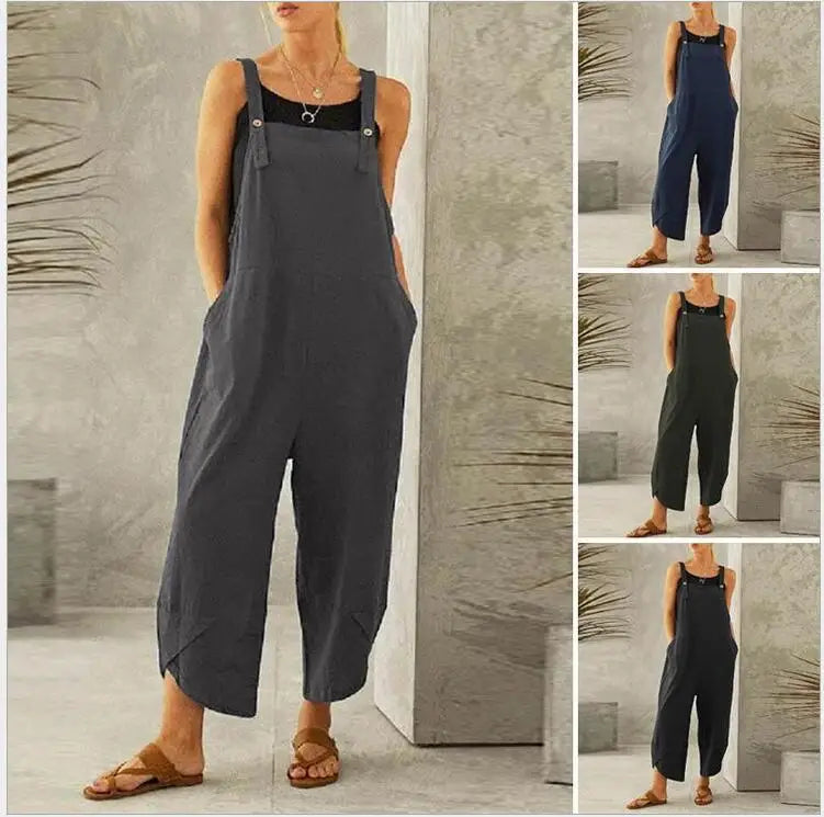 Women Loose Wide Leg Overalls Summer Adjustable Solid Color Cotton Linen Baggy Full Trousers Female Jumpsuits Oversized