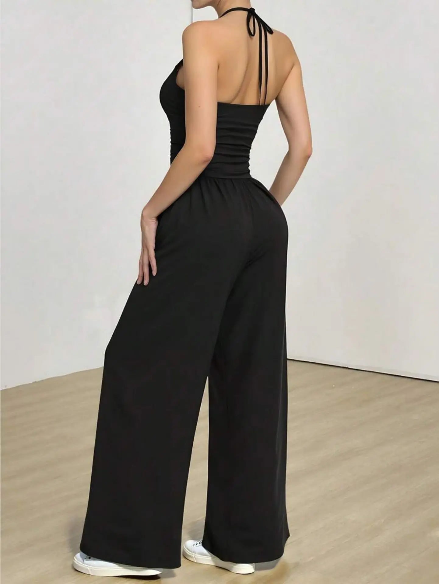 Women Summer Elegant Black High-Waist Knitted Suspender Jumpsuit Backless Women's Loose Wide-Leg Pants European Style Jumpsuit Badiee Stylez